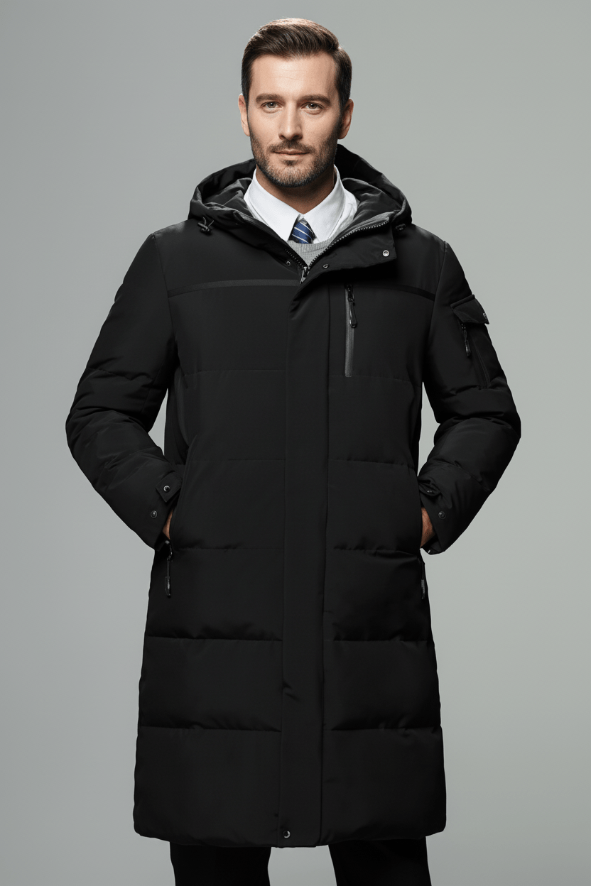 Men’s Insulated Water-Resistant Long Jacket with Hood