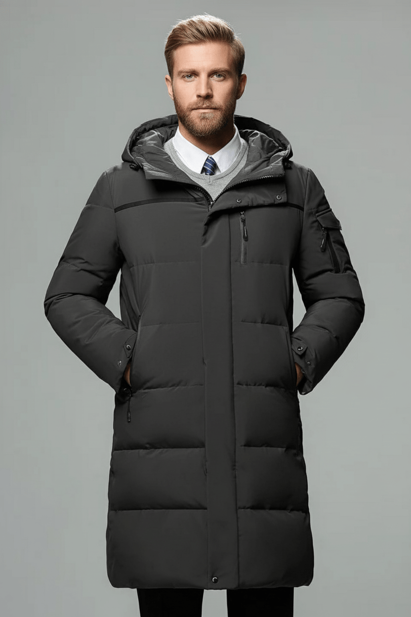 Men’s Insulated Water-Resistant Long Jacket with Hood